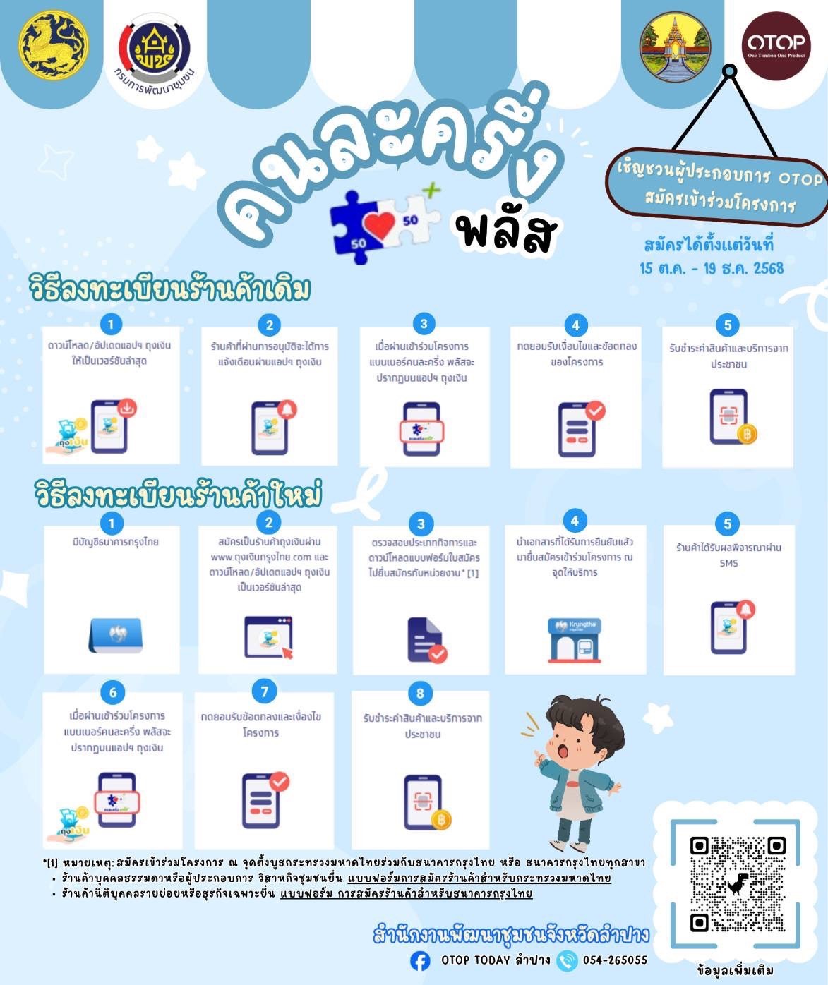 พช.วังเหนือ : เชิญชวนผู้ผลิต ผู้ประกอบการ OTOP อำเภอวังเหนือ จังหวัดลำปาง  เข้าร่วมโครงการ คนละครึ่ง พลัส